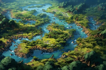 Fototapeta na wymiar Aerial view of vibrant rainforest with meandering waterways and varied wildlife. Generative AI