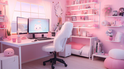 Enter the Kawaii Gaming Realm: Pink and White Gaming Room with Gaming Computer