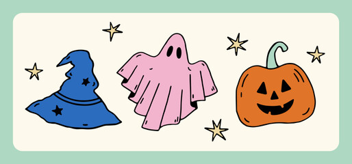 Hand drawn vector groovy elements: pumpkin, ghost and witch hat. Cute flat vector set for Halloween design, posters and prints. Trendy cartoon illustration. Colored spooky festive elements