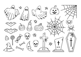 Hand drawn set of doodle Halloween elements: ghost, bat, skull, bone, spider, cobweb, moon, pumpkin, candies, witch hat, gravestone and coffin. Cute vector collection for festive design. Flat art