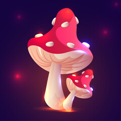 Magic mushrooms, glow fairy mushrooms in the dark cartoon style
