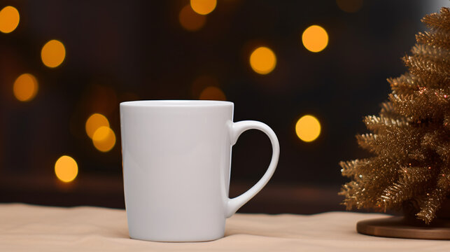  White coffee mug mockup image in festive Christmas environment