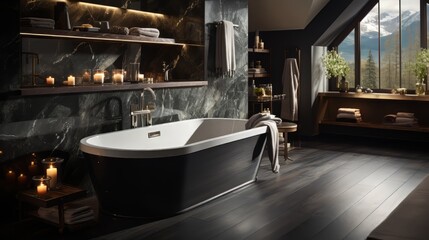 Fototapeta na wymiar A black marble bathtub in a contemporary bathroom, contrasting with light-toned walls and metallic accents for a striking visual impact