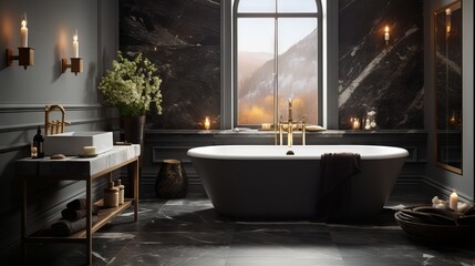 A black marble bathtub in a contemporary bathroom, contrasting with light-toned walls and metallic accents for a striking visual impact - obrazy, fototapety, plakaty