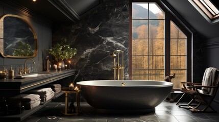 A black marble bathtub in a contemporary bathroom, contrasting with light-toned walls and metallic accents for a striking visual impact - obrazy, fototapety, plakaty