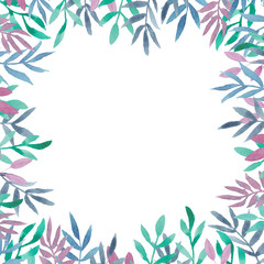 Fototapeta na wymiar Hand drawn watercolor frame of blue, purple, mint green leaves. Good for invitations, greeting cards, posters, prints.