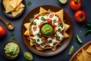  a mouthwatering and realistic illustration of a loaded plate of nachos, with melted cheese, jalapenos, guacamole, and other delicious toppings | Generative AI