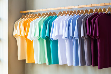 Colorful T-shirts hanging on the hangers in the store. Washing Colored Clothes, Fading Prevention. Digital Ai