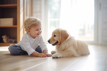 Cute little young blonde toddler boy is playing with the puppy on the floor. - obrazy, fototapety, plakaty