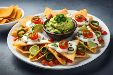  a mouthwatering and realistic illustration of a loaded plate of nachos, with melted cheese, jalapenos, guacamole, and other delicious toppings | Generative AI