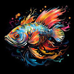 Fototapeta na wymiar Colorful poster with colorful fish in vector design style isolated on black background