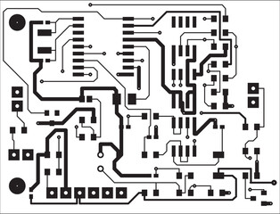 Tracing the conductors of a printed circuit board.
Vector drawing  of printed tracks, transition holes,
contact pads.
