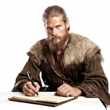 An educated viking holding a pen and notebook. Generated with AI.