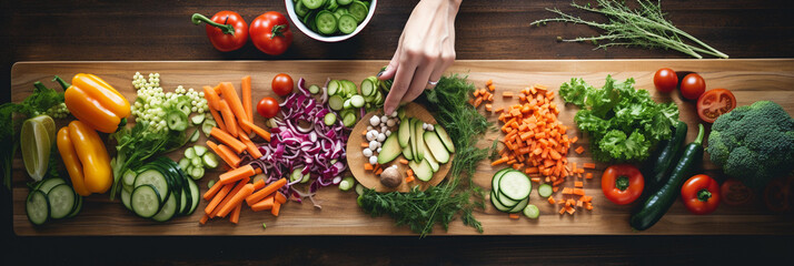 hands preparing a healthy, balanced meal, focus on slicing vegetables, hands, and knife, cheerful...