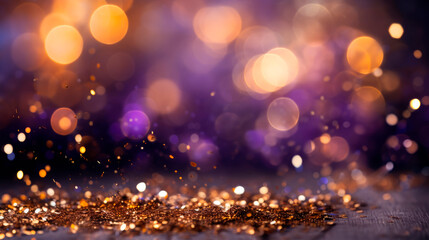 Purple festive Christmas background with bokeh lights and stars