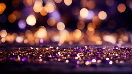 Purple festive Christmas elegant background with bokeh lights and stars
