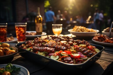 Day celebration with meat on the barbecue and blurry background with group of friends