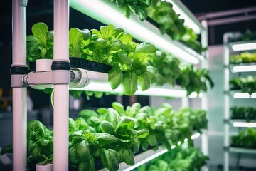 Vertical hydroponic farm with high-tech agriculture. Agricultural greenhouse with hydroponic shelving system.