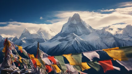Papier Peint photo Alpes Buddhist prayer flags fluttering in the Himalayas, snow - capped mountains in the backdrop