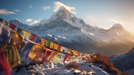 Buddhist prayer flags fluttering in the Himalayas, snow - capped mountains in the backdrop