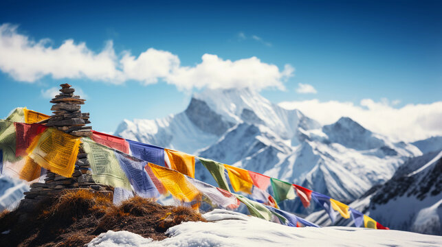 Buddhist prayer flags fluttering in the Himalayas, snow - capped mountains in the backdrop