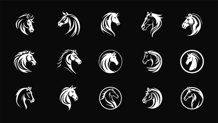 Horse head icon set, equestrian sport round logos collection. Horsehead sleek lines silhouette symbolize speed, power, and elegance. Vector logo. © artyway