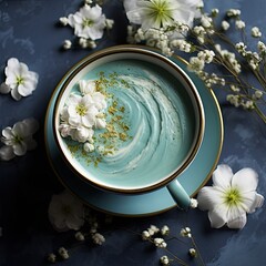 Obraz na płótnie Canvas Cup blue matcha with flowers flat lay background