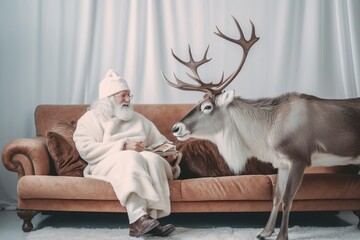 Santa Claus and his reindeer Rudolf rest in their pajamas, on a white sofa, during autumn.