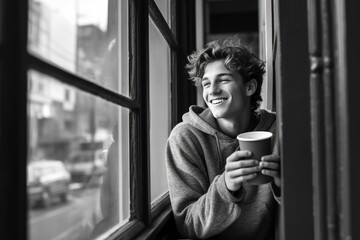 A dreamy teenager enjoys his first hot coffees at the window melancholy. - obrazy, fototapety, plakaty