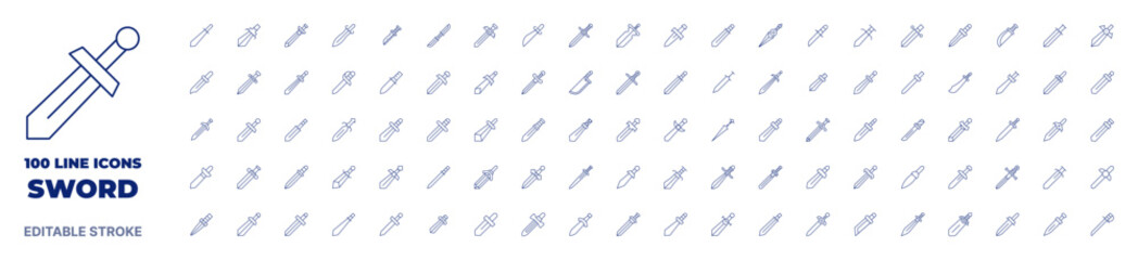 100 icons Sword collection. Thin line icon. Editable stroke. Sword icons for web and mobile app.