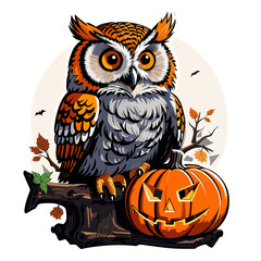 Obraz premium Jack-o'-lantern pumpkin and an owl sitting on a branch