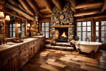 A cozy cabin bathroom with a stone fireplace and log cabin charm.
