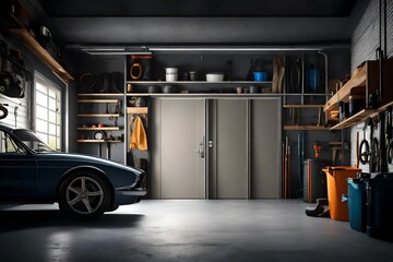 close up view of Home garage interior , background with open door , hd