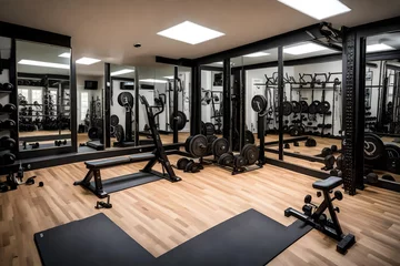 Papier Peint photo Lavable Fitness A garage gym with a wall of mirrors and exercise machines.
