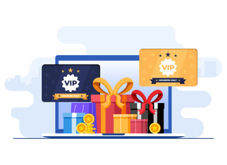 Online loyalty program bonus card concept flat illustration vector template, Earn points and gold coins, Bonus cashback income, Reward points, 