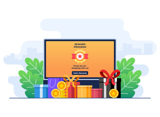 Online loyalty program bonus card concept flat illustration vector template, Earn points and gold coins, Bonus cashback income, Reward points, 