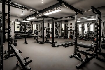 Fototapeta na wymiar A garage gym with a wall of mirrors and exercise machines.