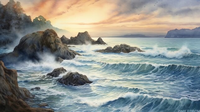 Beautiful seascape made of waves near the surf watercolor painting AI generated