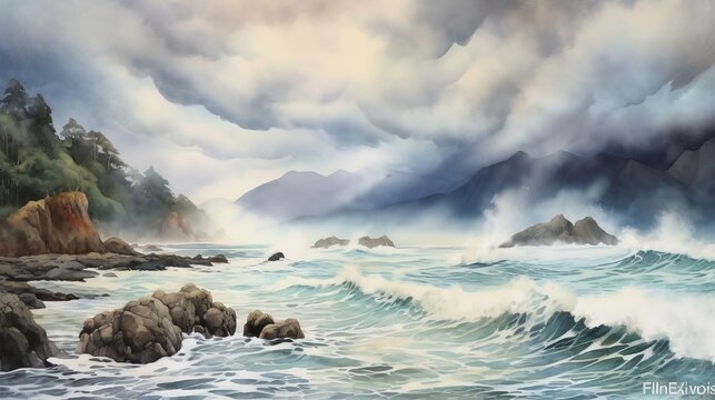 Beautiful seascape made of waves near the surf watercolor painting AI generated