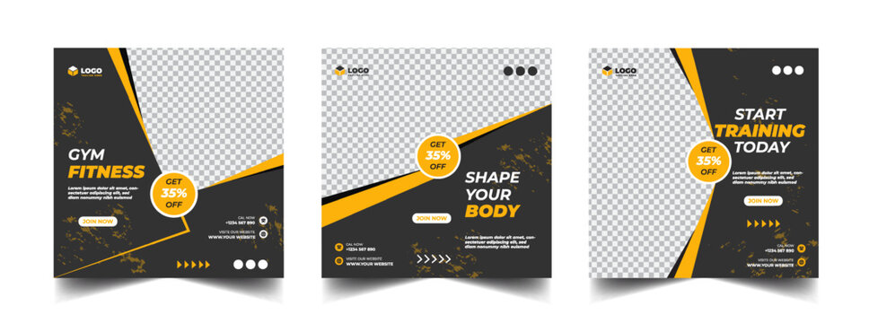 Gym, Fitness, And Sports Social Media Post Template Design Set. Usable For Social Media, Banner, And Website.
