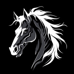black and white illustration design of a horse on a black background