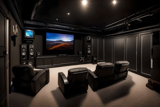 A garage converted into a home theater with surround sound.