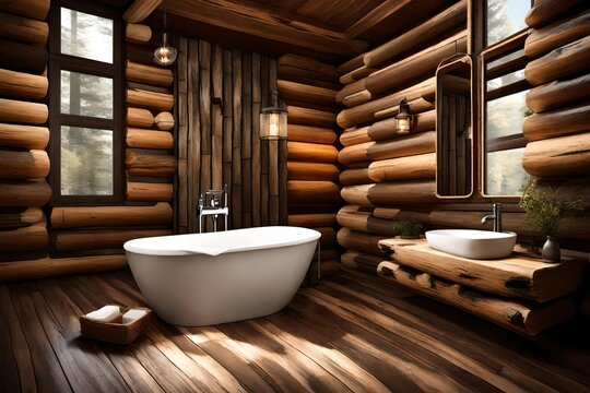 A cabin-inspired bathroom with log cabin walls and rustic charm.