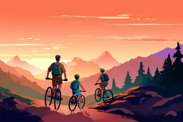 Fototapeta na wymiar cartoon style of father and son cycling