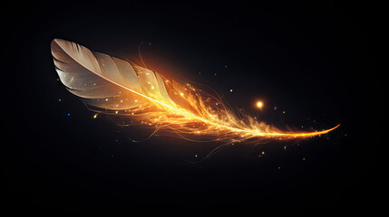 Shiny single golden feather with spark of light on dark background