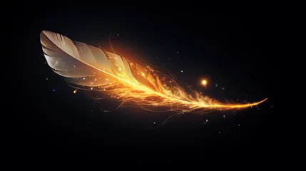 Fotobehang Shiny single golden feather with spark of light on dark background © Nhan