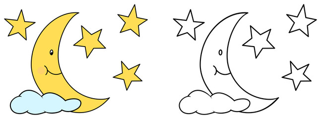 Obraz premium Moon with star and cloud. Coloring book page for children.