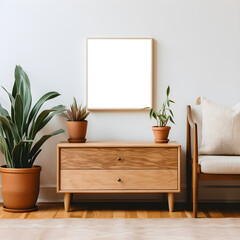 Wall Art Mockup with Modern Living Room Decor Cozy Furniture and Greenery