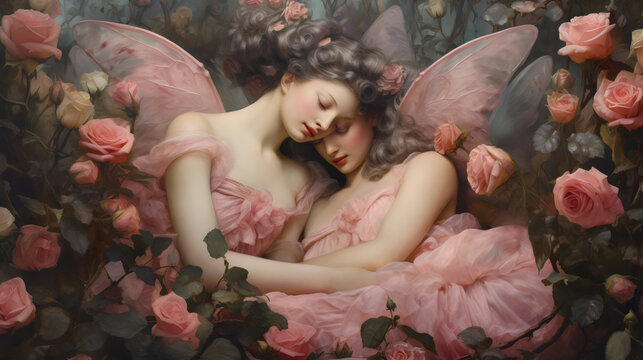 two beautiful nymph fairies in pink flowing dresses with wings laying in roses, renaissance style oil painting