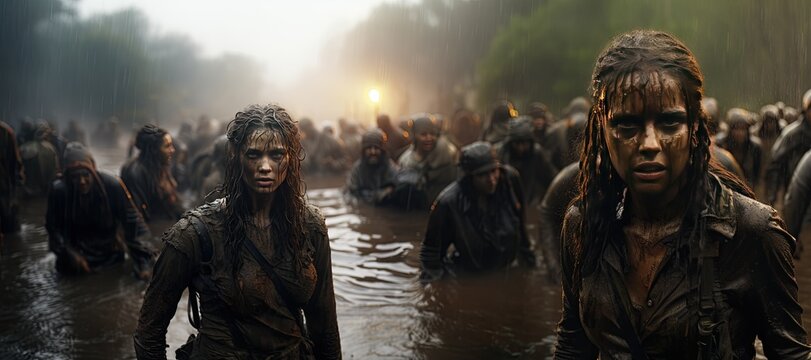 A dystopian apocalypse fantasy scene featuring a horde of menacing zombies slowly walking towards an uncertain target.Generated with AI